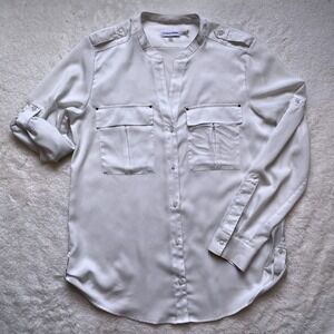 Calvin Klein Utility Blouse Women White Roll Tab Sleeve -Medium